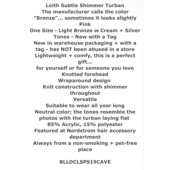 Leith Shimmer Turban 👳♀️ Bronze w Cream + Silver Tones Glimmer GR8 Gift NWT - Picture 2 of 10